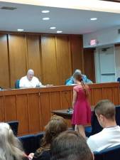 Sussex Middle School student Lea Gunther thanks the Wantage Township Committee for their efforts on her behalf. (Photo courtesy of Rebecca Gunther)