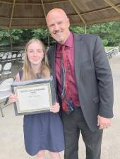 Ella Darvalics, Franklin winner, with Mike Ryder, Hardyston chief school administrator