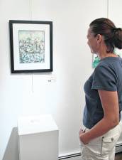 <b>Ela Kusek of Green Township looks at Denise Sivulich's artwork.</b>