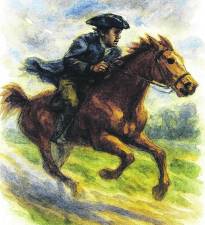 <b>An illustration of Sgt. Talmadge, scout along the Delaware River, who hurried to alert the Sussex County 2</b><b><sup>nd</sup></b><b> Regiment about the enemy raid.</b>