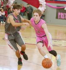 Vernon's D.J. Springstead dribbles the ball while covered by High Point's Donald Bassani in the second half of a game last season