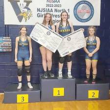 From left, Joan Vince (third place), Allison Brandt (first place), Caitlin Hart (first place) and Natalie Tucker (second place) all advance to the state finals Feb. 26 at Phillipsburg High School.