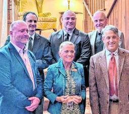 <i><b>At the luncheon, the award was received on behalf of the College by SCCC representatives. This group included Top Row, left to right: Business &amp; Economics Professor Sal Paolucci, Director of the Public Safety Training Academy John Dixon, and SCCC Trustee Chair Herb Yardley. First Row, left to right: Dean of Technical Occupations Jason Fruge, Vice President of Finance and Administrative Services Terry Pappan, and Executive Foundation Director Stan Kula.</b></i>