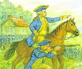 <b>An illustration of the Battle of Long Island. Prominently shown is John Seward aiming his musket while Lord Stirling commands the Patriot army with the large contingent of Redcoats marching forward. The Marylanders stand beside The Stone House and the millpond escape waters are on lower right. </b>