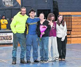 <b>The Vernon Township High School wrestling team honored its seniors, including Anthony LePore.</b>