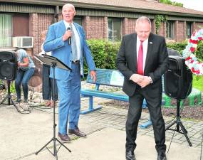 <b>Sussex County Commissioner Alan Henderson gives a speeech while Vernon Mayor Anthony Rossi looks on.</b>