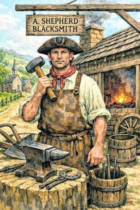 <b>This image shows a mid-1800s blacksmith with his tools on the dirt road leading from the south (today’s Route 23) as it comes into Deckertown (today’s Sussex Borough). Introduced here, behind him, is the patented Deckertown Plow, perhaps not in time sequence, but also recognizing the timely and important technological advance produced locally that helped America to become the nation it is today.</b>