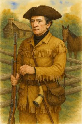 <b>Col. John Seward on his farm with log cabin, split-rail fence and horse. (AI photo rendered on data by Bill Truran, who endorses it as historically representative) </b>
