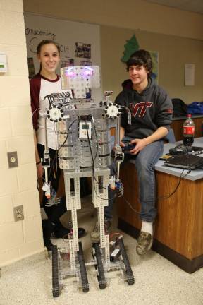 PHOTO BY GALE MIKO Tyler Schulok and Autumn Smith with their creation, Mr. Robot on High Point Regional High School held an open house for eighth graders and their parents to see all they have to offer the students in January.