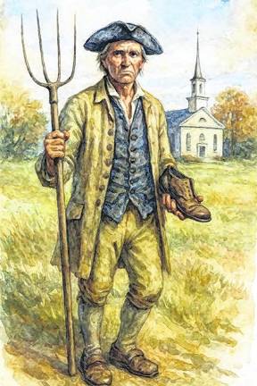 <b>An illustration of Sussex County’s Benjamin Chamberlain, local farmer and supplier to the Continental troops; shown with his pitchfork and shoe for the soldiers. A view of the Sparta Presbyterian Church, of which he was a key member, is behind him. </b>