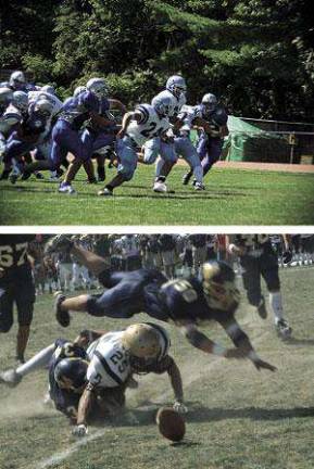 At left, the Spartans rush during their opening game against Kittatinny on Saturday. The Spartans recorded their first win, defeating the Cougars 21-9. (Photo by Chris Reinauer) At right, Pope John fumbles the ball during the game against Vernon High Scho