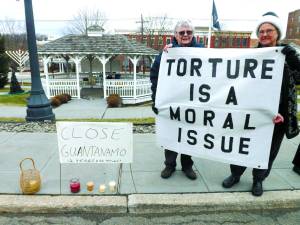 Sussex County citizens calling for the close of the Guantanamo Detention Center on its 12th anniversary. At the right is Susan Pironti of Sparta, a member of the Sparta United Methodist Church's Church and Society Committee.