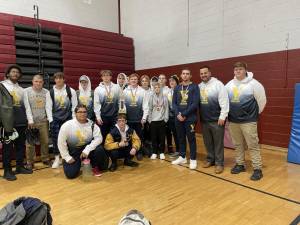 The Vernon Township High School wrestling team poses at the Clifton Holiday Tournament, where it placed second with nine medalists in the 14 weight classes. (Photo provided)