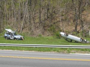 The McAfee Fire Department displayed these wrecked cars on Route 94 hoping to promote safe, not distracted driving.