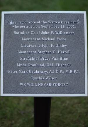 9/11 Memorial Sculpture Garden remembrance plaques on display in Stanley Deming Park, Warwick, NY. Photos by Aja Brandt