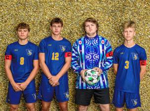 <b>Vernon Township High School boys soccer team captains, from left, are seniors Robert Burdzy, Mason Heilmann, Ethan Jones and Ty Mountain. (Photo by Kristin Mountain)</b>