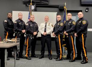 From left are Sheriff’s Officers Alfred Boye-Codjoe, Timothy Blahut and Stephen Rotella, Sheriff Michael Strada, Sheriff’s Investigator Mark DiGeronimo, and Sheriff’s Officers Daniel Mejorado and Michael Bensley. Photo provided)