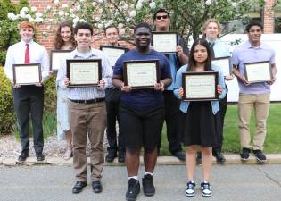Recipients of the annual High School Caring Awards are front row from left, Joel Morales, Loic Ebelle and Diana Cordoza and, back row from left, Daniel Lovett, Riley Hough, Jayson Morton, Jacob Abraham, Remi Coleman and Thaylor Sibbies. (Photos provided)