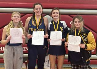 Sadie Collins , Caitlin Hart, Lily Henderson and Natalie Tucker won gold medals in the Hunterdon/Warren/Sussex Tournament on Sunday, Jan. 21. (Photos provided)