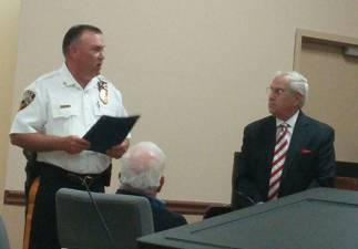 Vernon Township Police Chief Randy Mills speaks after receiving a proclamation honoring Police Week from Vernon Township Council President Patrick Rizutto on Monday, May 11.