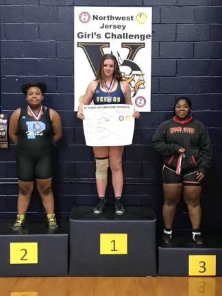 Vernon Township High School senior Allison Brandt, center, finished fourth at 235 pounds in the NJSIAA girls wrestling championships in Atlantic City.