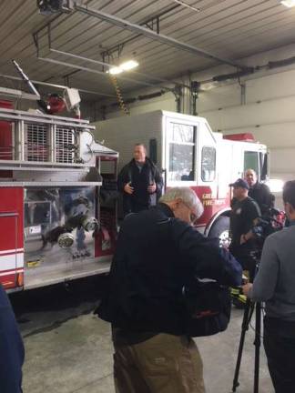 U.S. Rep. Josh Gottheimer (D-NJ5) addresses firefighters, residents and officials at Green Township Fire House concerning the response to power outages due to two snow storms