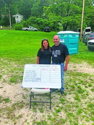 Wantage Recreation Secretary Nicole Dunn and Warren Wisse, president of the Recreation and Parks Advisory Committee, pose by the board prepared to track the prize winners.