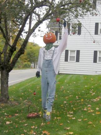 All scarecrow entries must have a real pumpkin head. This entry portrays an autumn country apple picker (Photo by Janet Redyke)