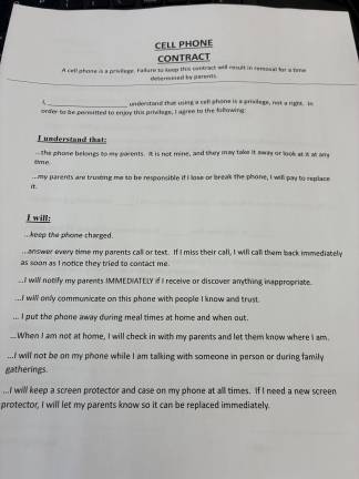 A copy of the contract Laura Sullivan wrote up and had her son sign before giving him a Bark phone.