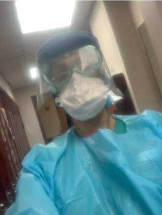 Jane Gerencser, an RN at Good Samaritan Hospital, decked out in PPE peak-pandemic. Photo provided.
