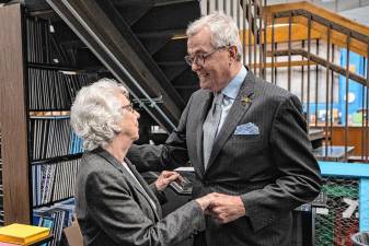 Gov. Phil Murphy greets Holocaust survivor Maud Dahme at the dedication of Kittatinny Regional High School’s Holocaust and Genocide Research Center on Monday, March 31. (Photos by Rich Hundley III)