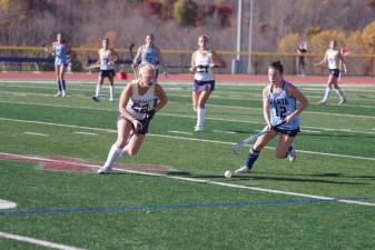 Taryn Picariello of Vernon and Eliana Intorrella of Sparta close in on the ball in the opening round of the NJSIAA North Jersey, Group 2 tournament Oct. 27 at home. The third-seeded Vikings posted a 5-1 decision over 14th-seeded Sparta. (Photos by George Leroy Hunter)