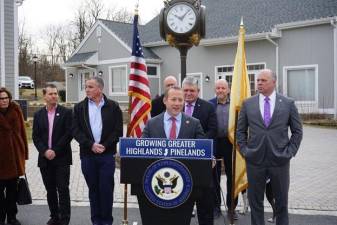 Gottheimer, Sweeney, and Oroho announce their new bipartisan economic development plan for the Greater Highlands and Pinelands regions on Thursday in Lafayette Township.