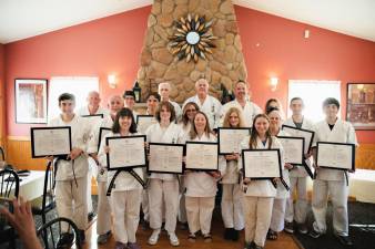 (Back row L to R): Ed Lyden, Ryan Rieger, Sensei Chuck Ercolano, Sensei Tom Shull, Scott Wolven, Connor Shillcock, Tyler Douglass, and Christian Stone. (Middle row L to R): Braden Rosario, Scott Riley, Wade Riley Monica McGovern, Tyler Schoenfeld, and Alicia Warner. (Front row L to R): Samantha Wolujczyk, CJ Hintzen, Jillian Vazquez, and Rachel Olinski.