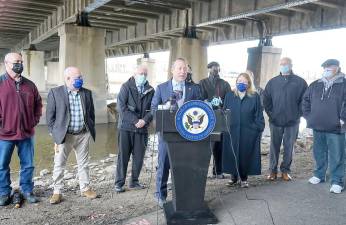 U.S. Rep. Josh Gottheimer joined local labor leaders and officials to highlight urgent infrastructure investment needs in North Jersey — beneath a bridge in Teaneck deemed structurally deficient. Photo provided.