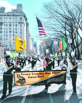 <b>The Vernon Township High School Marching band performs in New York City.</b>