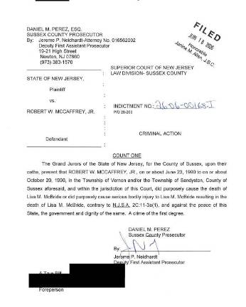 <b>June 18 grand jury indictment charging Robert McCaffrey with first degree murder of Lisa McBride</b>