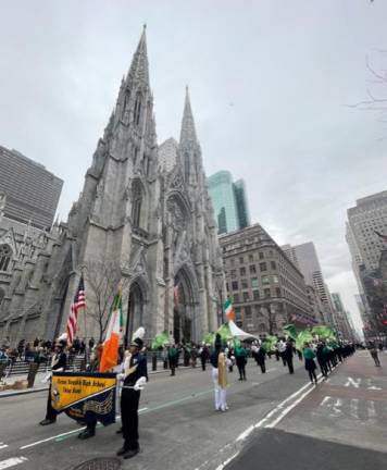 The Vernon Township High School Viking Marching Band marches March 17 in the St. Patrick’s Day Parade in New York City. (Photos provided)