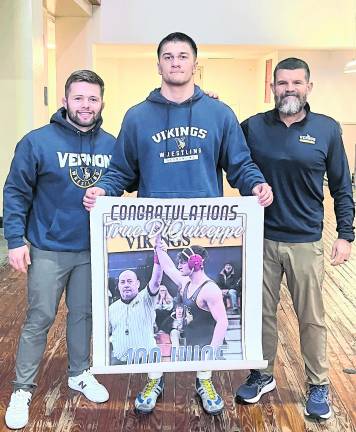 <b>Senior True DiGuiseppe recorded his 100th career win at the Individual state tournament in Atlantic City. He placed eighth in his weight class.</b>