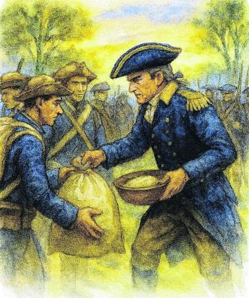 <b>“An illustration of Major Thomas Armstrong distributing provisions to the Continental Army.” </b>