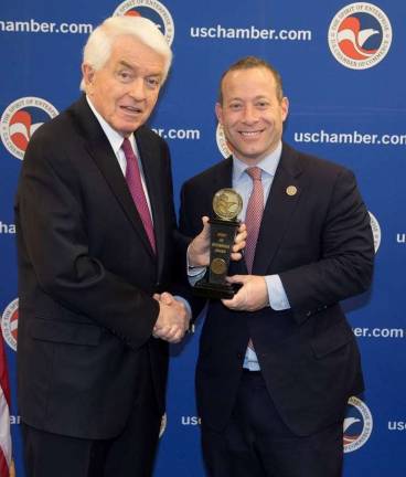 U.S. Rep. Josh Gottheimer receives the Spirit of Enterprise award from the U.S. Chamber of Commerce President Thomas J. Donohue in recognition of his support for pro-growth policies.