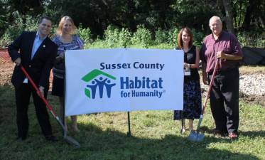 From right, Ken Landrud, president of Sussex County Habitat for Humanity along with Kathy Citterbart, Newton Zoning Official, Bertha Todd, VP of Sussex County Habitat for Humanity, and Thomas S. Russo, Jr Newton Town Manager held a groundbreaking event at the property donated to Sussex County Habitat for Humanity by Wells Fargo.