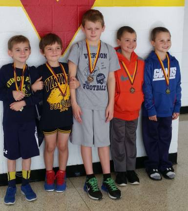 Vernon youth wrestling competes in their first tournament of year at Vorhees High School in Glen Gardiner, N.J. From left to right, Trent Houser, Hugh Shortway, Tyler Houser, Thomas Benson, and Ayden Connelly. All wrestlers received medals for placing first through fourth.
