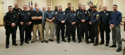 Picture left to right front row, Ptl. Sean Perry, Sgt. Bill Mutz, Det. Steve Gentle, Chief Randy Mills, Ptl. Brad Pindyck, Cpl. Derrick Scudieri, Sgt. Charles Reid, Cpl. Ron Koumaras, Cpl. Harry Russo, Dsg. Jason Haw; Pictured left to right back row, Capt. Dan Young, Ptl. Matt Hackett, Det. D. S. Young, Det. Shaun Fitzgerald, Ptl. Brian Patterson, Lt. Bill Fischer, Lt. Keith Kimkowski, and Sgt. Ken Kuzicki.