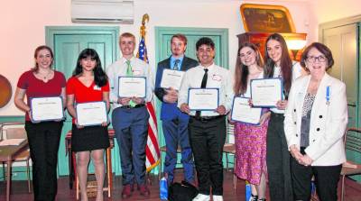 From left are Julia Seiminski, Amanda Lo, Parker Hein, Corey Vander Groef, Thomas Galvez, Makenzie Genung, Makenna Thomas and Sally Burns, chairwoman of the Good Citizens Awards for the Chinkchewunska Chapter of the National Daughters of the American Revolution. (Photo provided)