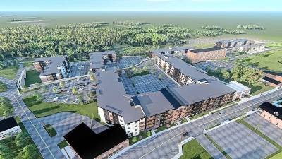 An aerial view showing plans for an upscale retail and residential rental community at the site of a former zinc mine in Franklin. (Photos provided)