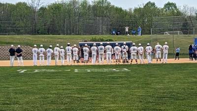 The Vernon Township High School baseball team lines up at a game against Kittatinny this spring. (Photo provided)