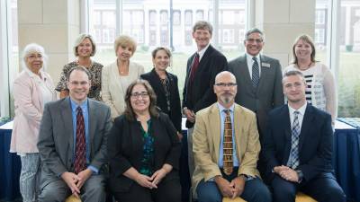 Pictured: Back row Dr. Mercedes Aguirre Batty, SCCC VP of Academic Affairs; Lisa Angeloni, TCNJ VP for Enrollment Management; Bozena Leven, TCNJ Interim Dean of School of Business; Kathryn Foster, TCNJ President; Dr. Jon Connolly, SCCC President; Jeff Osborn, TCNJ Dean of School of Science and Suzanne McCotter, TCNJ Dean of School of Education. Seated: Steve Schreiner, TCNJ Dean of School of Engineering; Dr. Dina Conde, SCCC Dean of Liberal Arts and Sciences; Taras Pavlovsky, TCNJ Dean of R. Bar