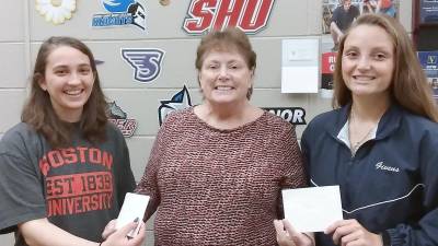 Vernon Township Woman's Club Education Chair Valerie Seufert (center) congratulates Stephanie DeMattheis (left) and Rachel Givens (right) who were selected to attend the Girls Career Institute at Rutgers University