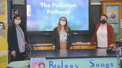 Alorah Beliese (center), Watershed Ambassador for the Wallkill River, talked to science students at Vernon Township High School about the importance of watershed management for conservation and habitat protection. She was the guest of science teachers Stella Foco (left) and Cara Brown (right).